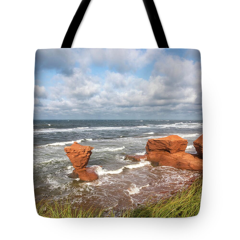 Red Tote Bag featuring the photograph Teacup rock of Prince Edward Island. by Jane Rix