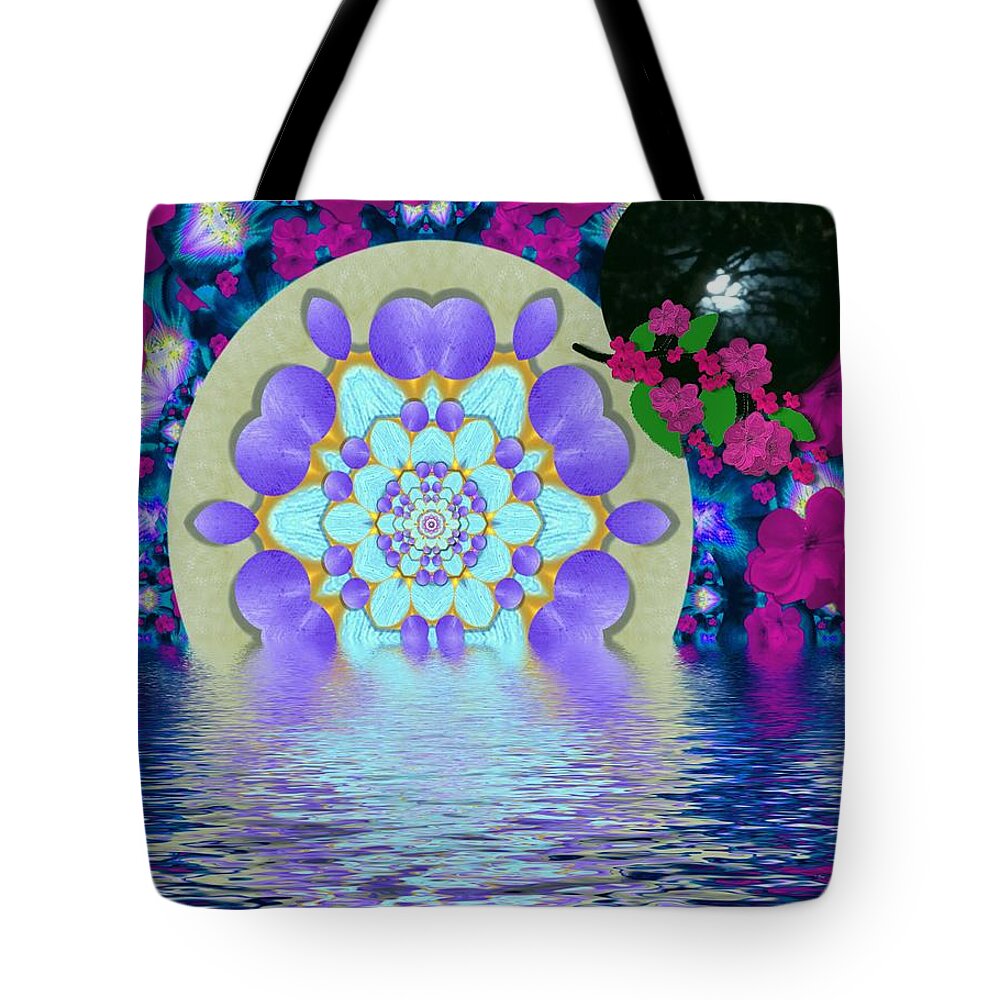 Sunset Tote Bag featuring the mixed media Temple Sunset over the calm sea by Pepita Selles
