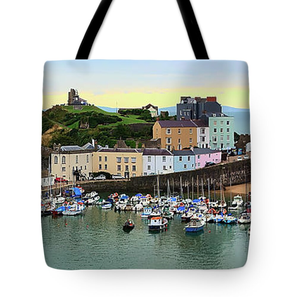 Tenby Tote Bag featuring the photograph Tenby Harbour Panorama by Jeremy Hayden