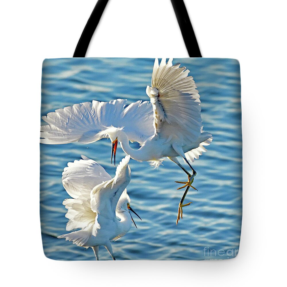 Snowy Egret Tote Bag featuring the photograph Territorial Fight of the Snowy Egret by Amazing Action Photo Video