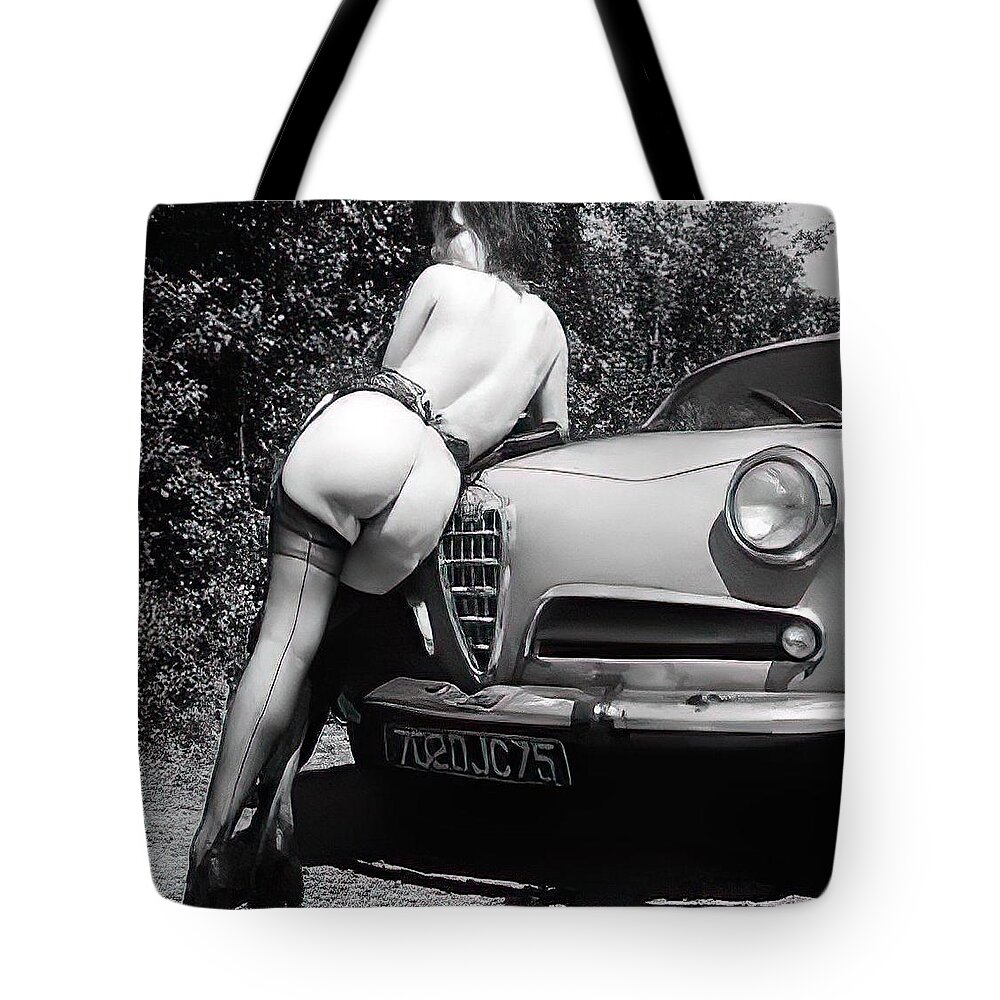 Girls Tote Bag featuring the photograph Sexy model with 1950s Alfa Romeo by Retrographs