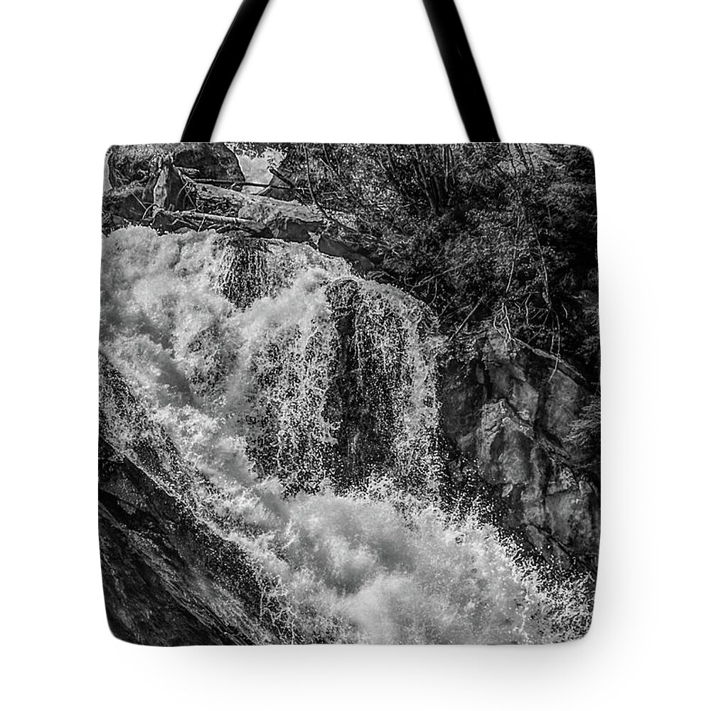 Black And White Tote Bag featuring the photograph Teton Waterfall by Nathan Wasylewski