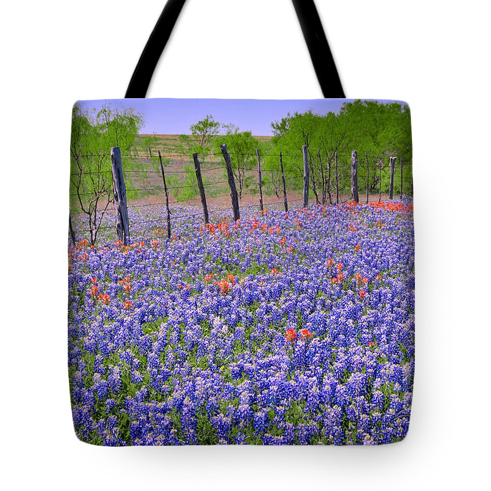 Texas Bluebonnets Tote Bag featuring the photograph Texas Heaven -Bluebonnets Wildflowers Landscape by Jon Holiday