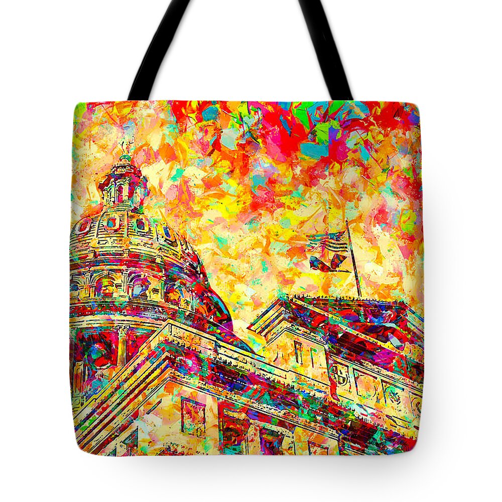 Texas State Capitol Tote Bag featuring the digital art Texas State Capitol in Austin - colorful painting by Nicko Prints