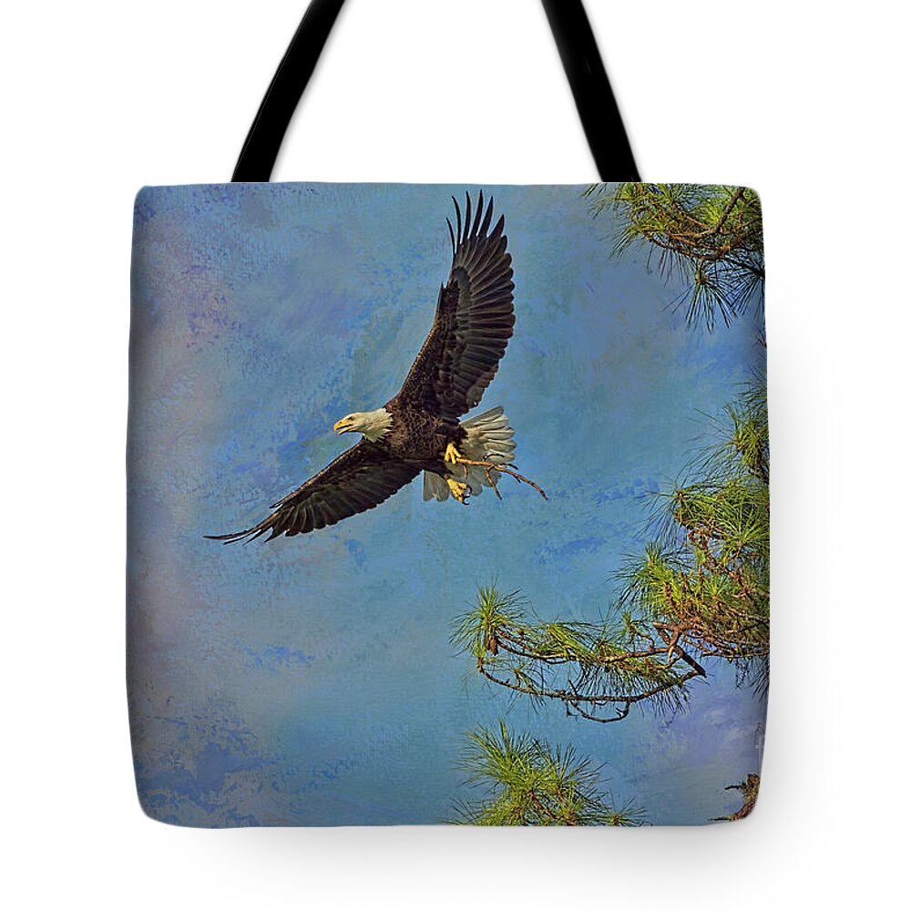 Eagle Tote Bag featuring the photograph Textured Eagle With Twig by Deborah Benoit