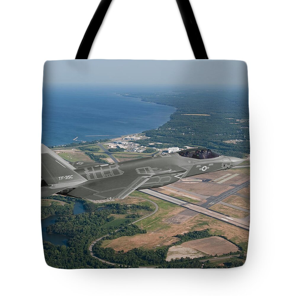 Lightning Tote Bag featuring the digital art TF-35C Over Patuxent River by Custom Aviation Art