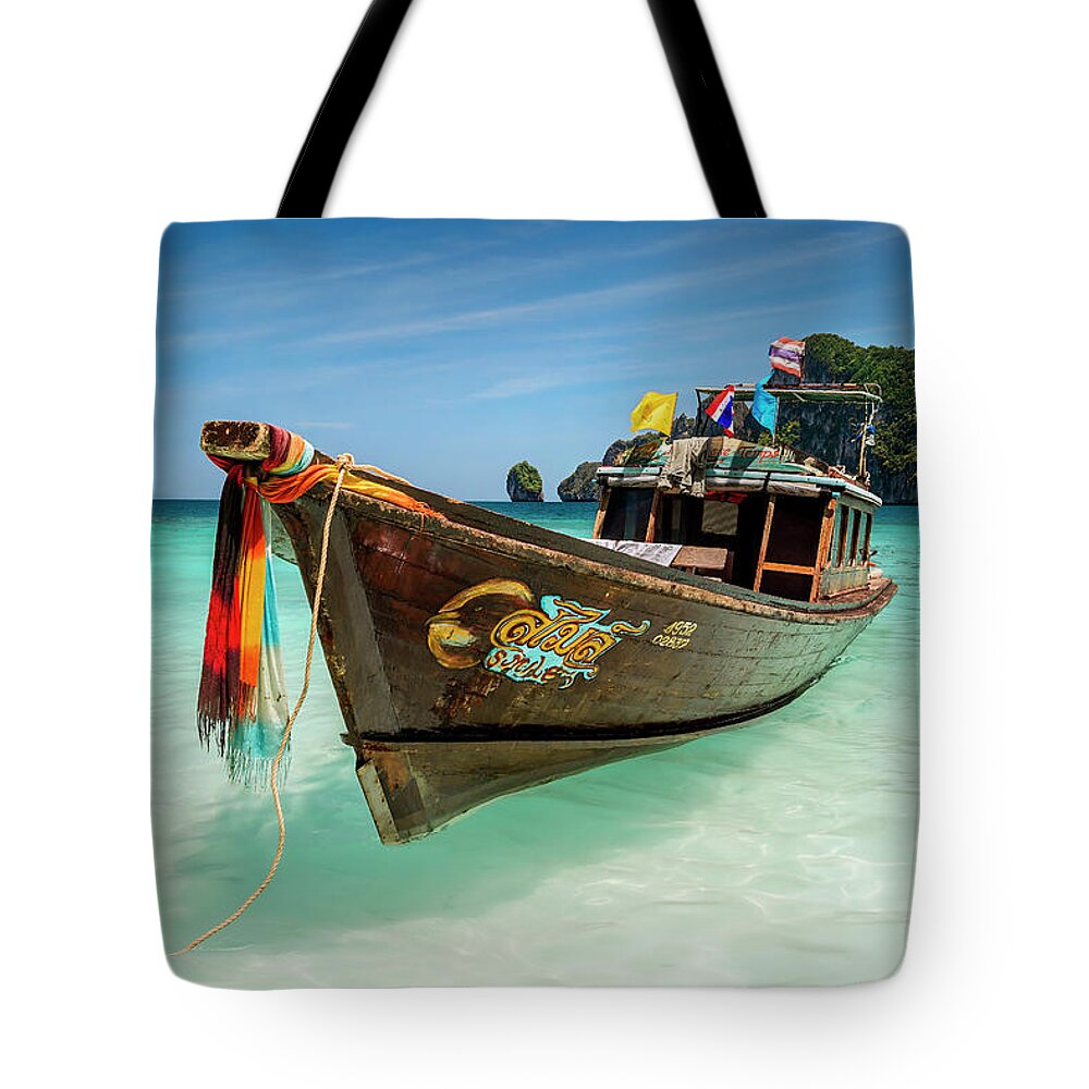 Thailand Tote Bag featuring the photograph Thailand - long tail boat at Loh Dalum Bay on Koh Phi Phi by Olivier Parent