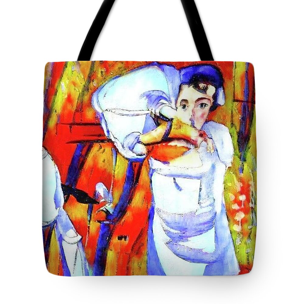 Rembrant #matisse # Monet # Picasso # Gauguin #manet # Brown Tote Bag featuring the painting That was then This is now Blue ME2021 by Kasey Jones