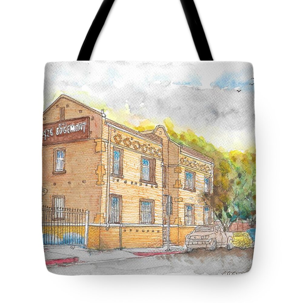 The 1426 Edgemont Apartment Tote Bag featuring the painting The 1426 Edgemont Building, Los Angeles, California by Carlos G Groppa