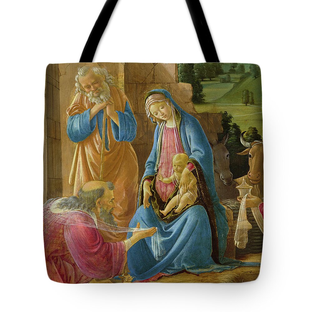 Sandro Botticelli Tote Bag featuring the painting The Adoration of the Magi, Detail by Sandro Botticelli