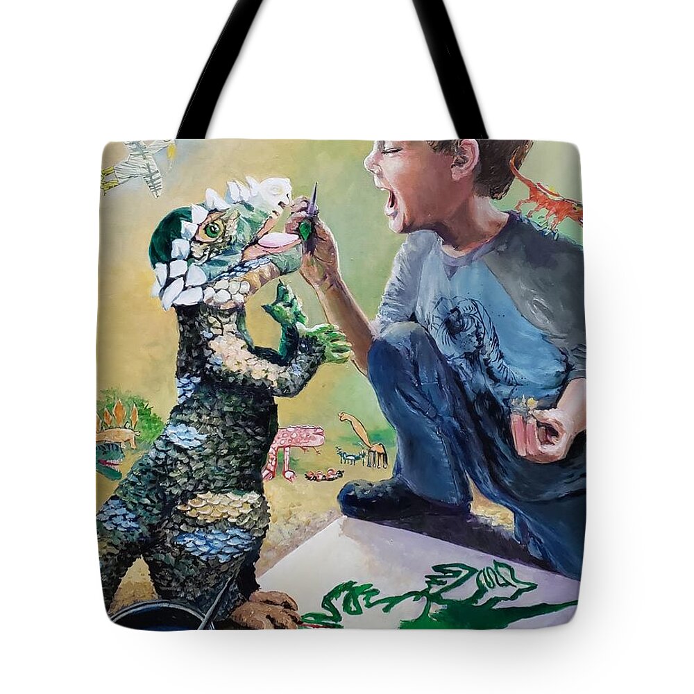 Boy Tote Bag featuring the painting The Age of Dinosaurs by Merana Cadorette
