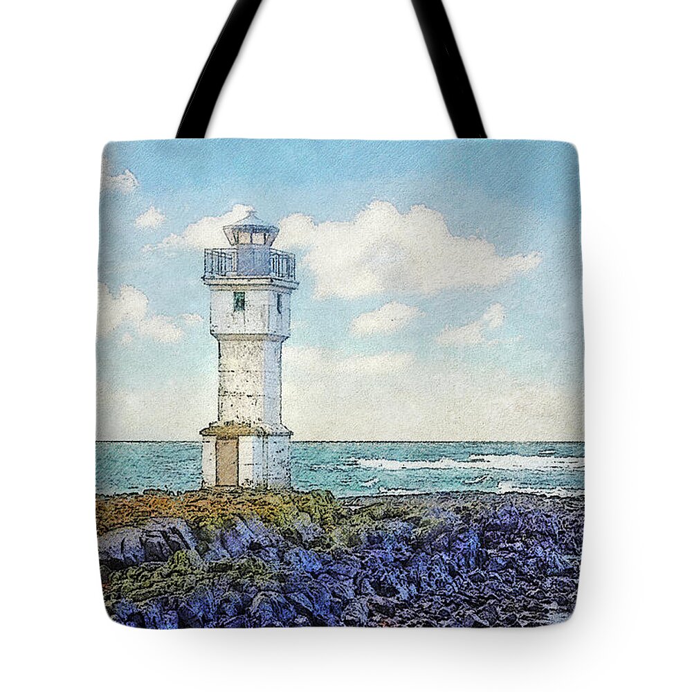 Iceland Tote Bag featuring the digital art The Akranes Ligthhouse, Iceland by Frans Blok