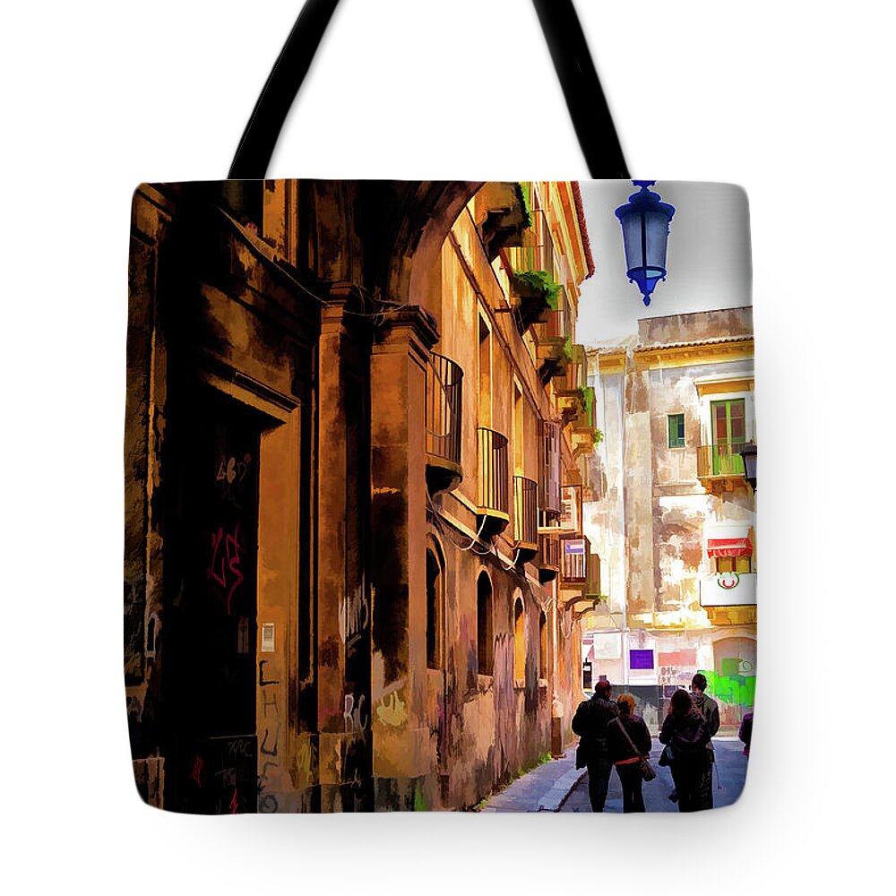 Catania Tote Bag featuring the photograph The Alley from Teatro Bellini, Catania, Sicily. by Monroe Payne