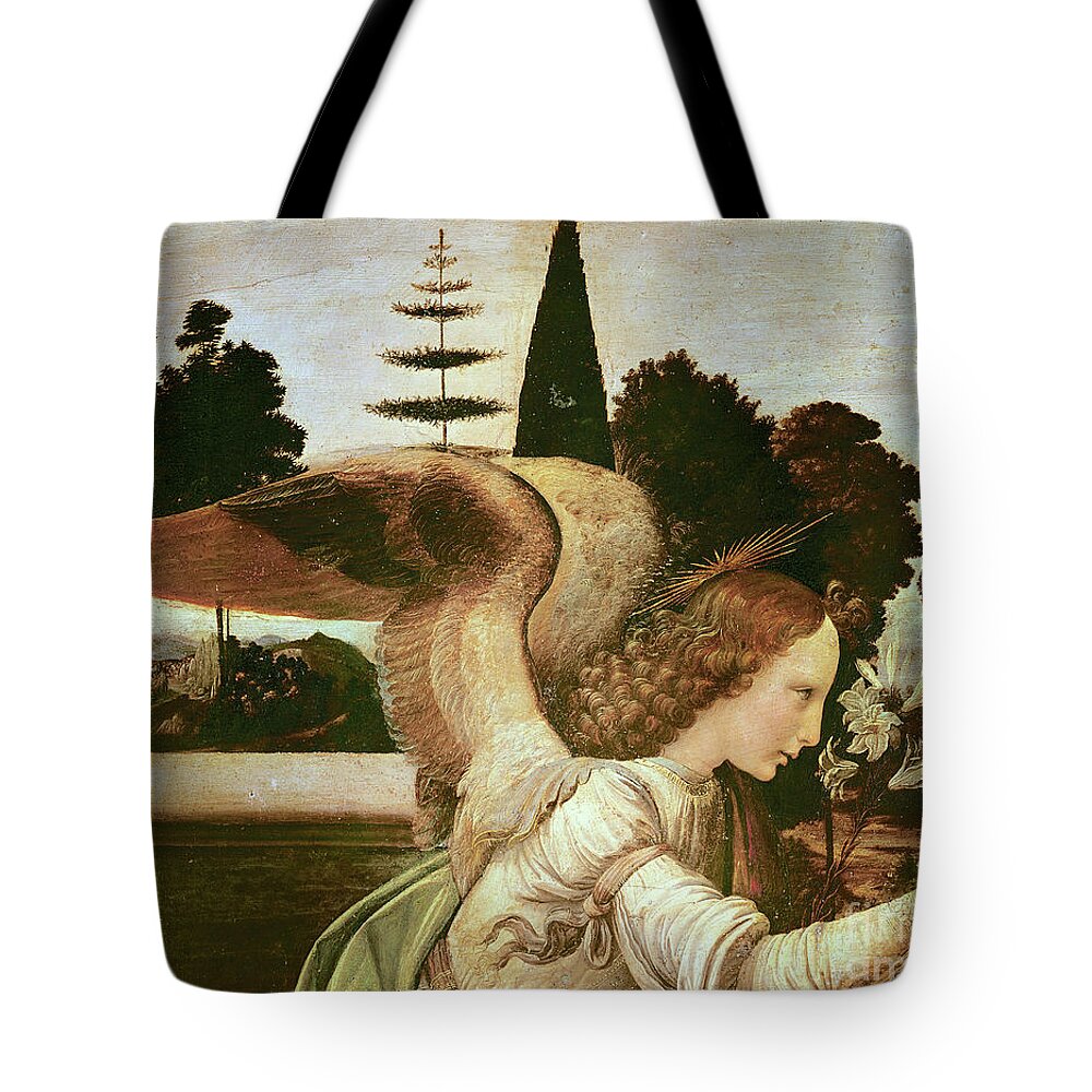 Angel Tote Bag featuring the painting The Annunciation, detail of the angel by Leonardo Da Vinci