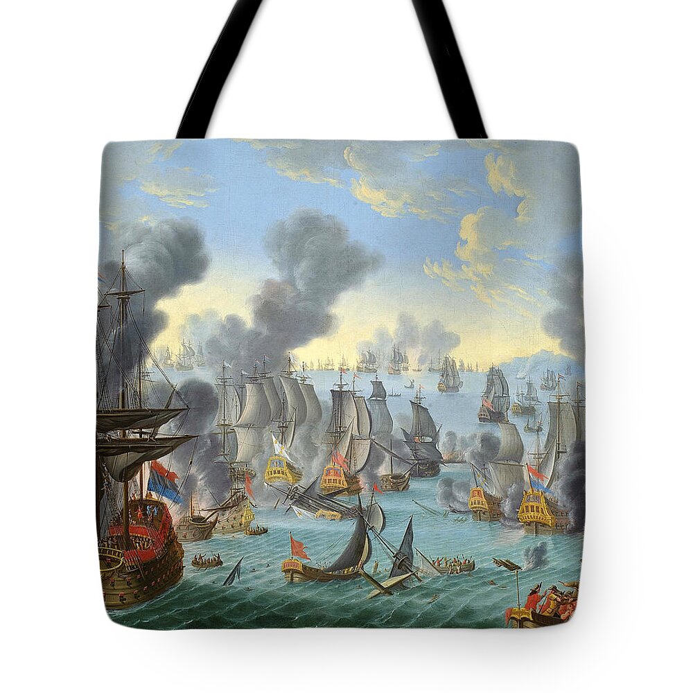 Attributed To Willem Van Der Hagen Tote Bag featuring the painting The Battle of Malaga by Attributed to Willem Van der Hagen