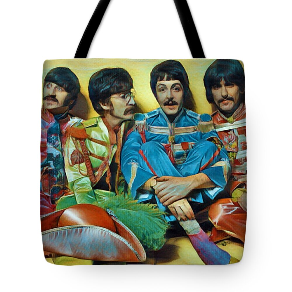 The Beatles Tote Bag featuring the painting The Beatles Sgt. Pepper's Lonely Hearts Club Band Painting 1967 Color Pop by Tony Rubino