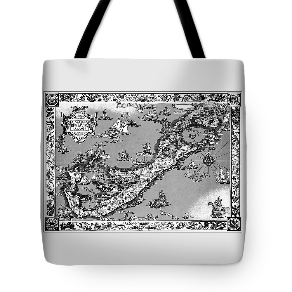 Bermuda Tote Bag featuring the photograph The Bermuda Islands Vintage Pictorial Map 1930 Black and White by Carol Japp