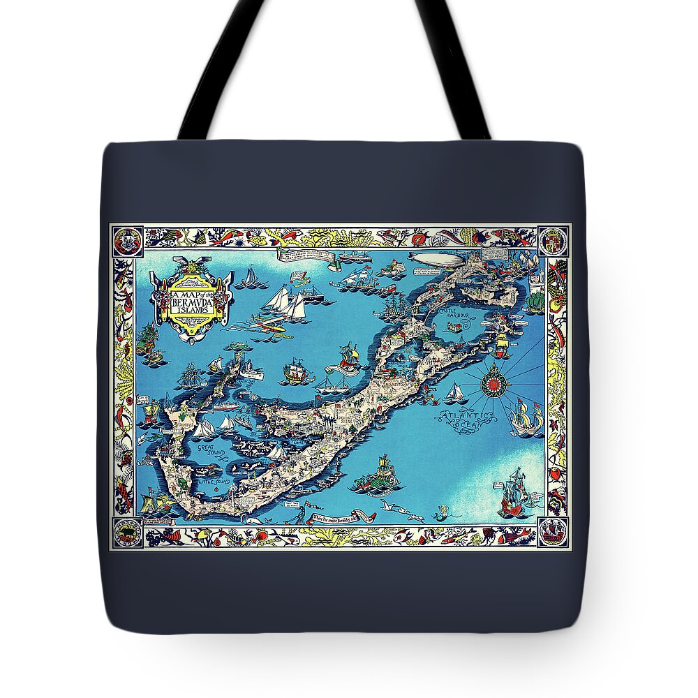 Bermuda Tote Bag featuring the photograph The Bermuda Islands Vintage Pictorial Map 1930 by Carol Japp
