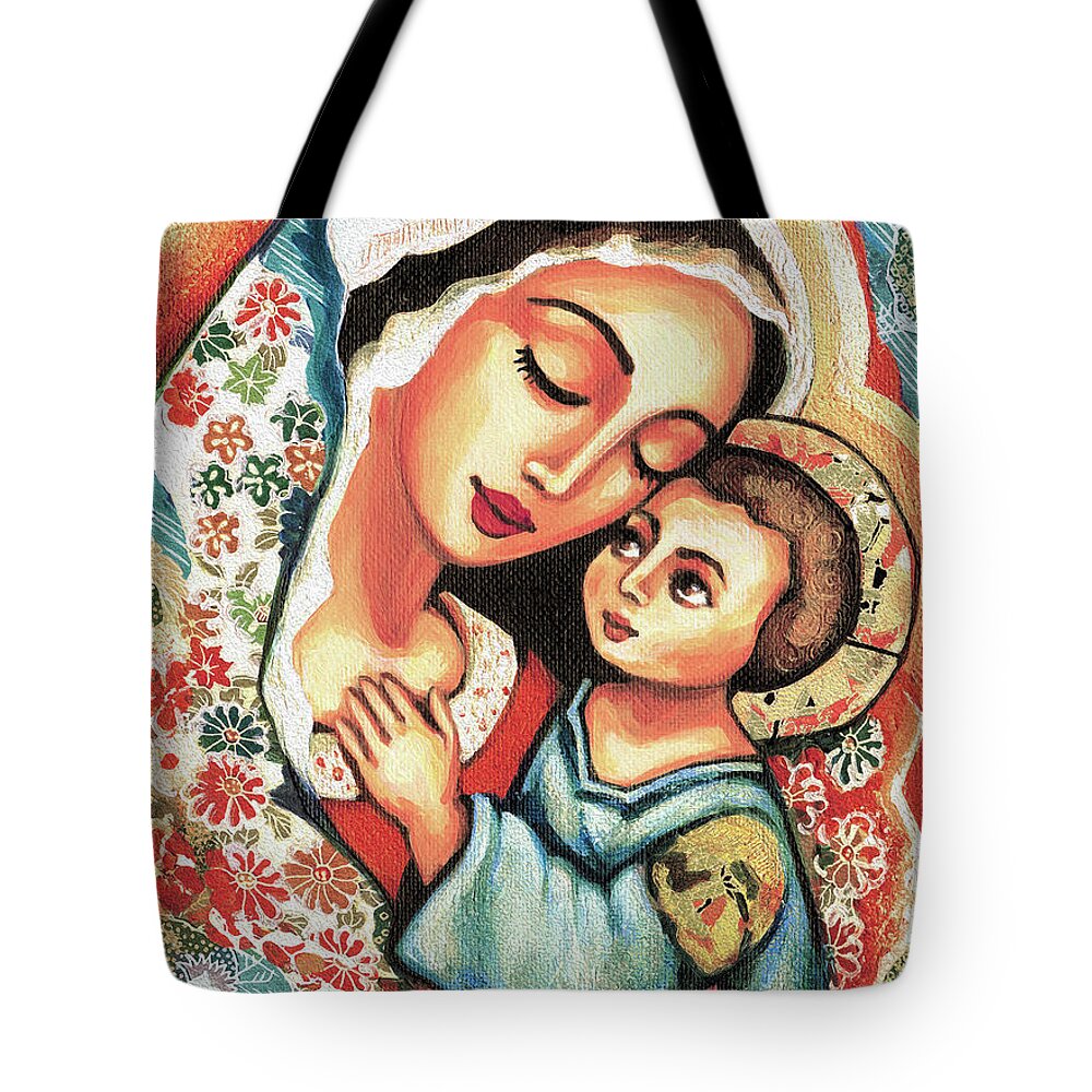 Mother And Child Tote Bag featuring the painting The Blessed Mother by Eva Campbell