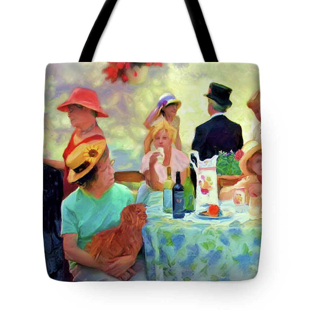 Luncheon Of The Boating Party Tote Bag featuring the painting The Boating Party Reimagined by Joel Smith