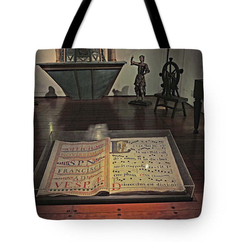 Book Tote Bag featuring the photograph The Book in the Glass Case - Mission Santa Barbara by Amazing Action Photo Video