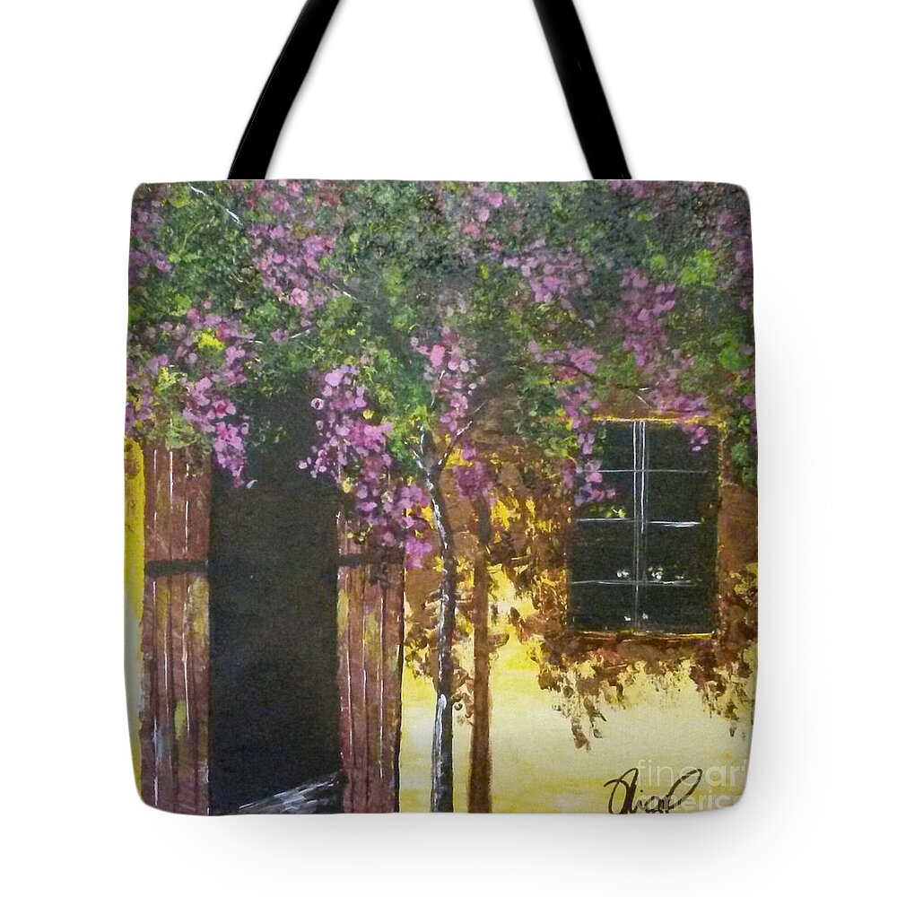 Window Tote Bag featuring the painting The BOUGAINVILLEA TREE by Mike Gonzalez