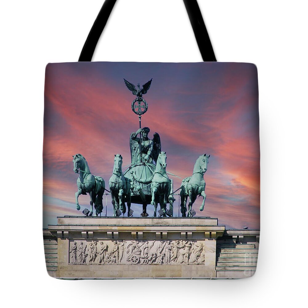 Quadriga Tote Bag featuring the photograph Quadriga on Brandenburg Gate by Heiko Koehrer-Wagner