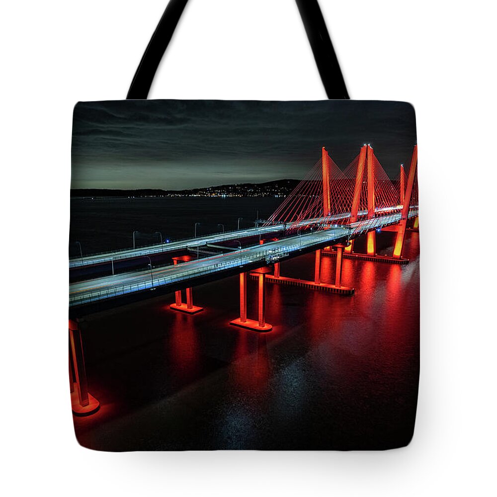 Hudson River Tote Bag featuring the photograph The Bridge in Red by Kevin Suttlehan