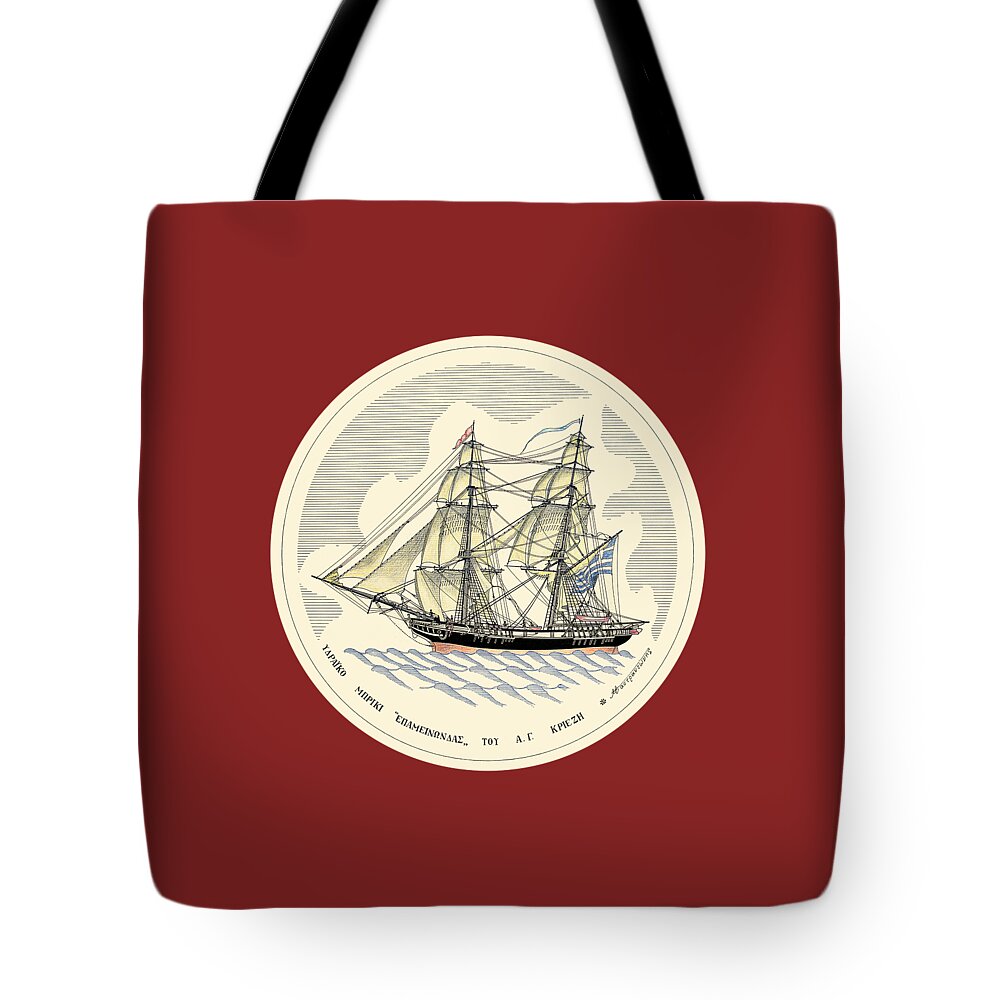 Historic Vessels Tote Bag featuring the drawing The brig Epaminondas - 1817 miniature by Panagiotis Mastrantonis