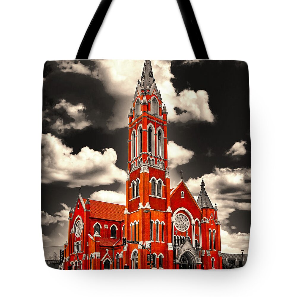Cathedral Shrine Of The Virgin Of Guadalupe Tote Bag featuring the digital art The Cathedral Shrine of the Virgin of Guadalupe in Dallas, Texas, isolated on black and white by Nicko Prints