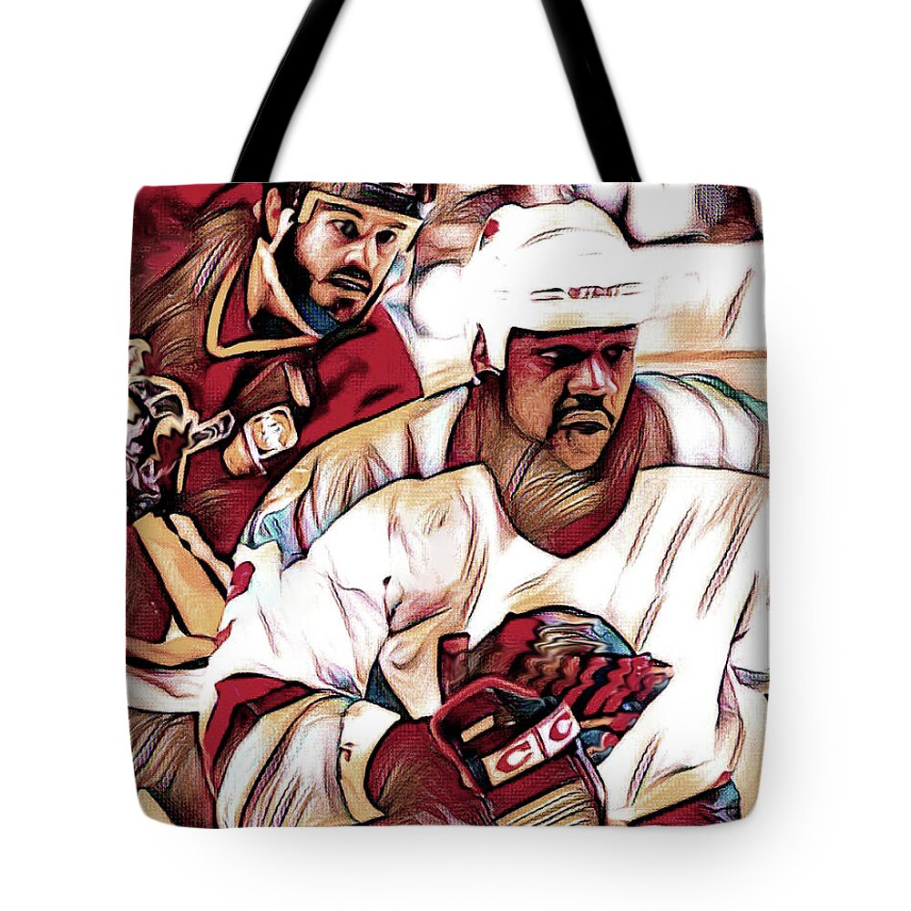 Sports Tote Bag featuring the digital art The Chase For The Pick by Larry Nader