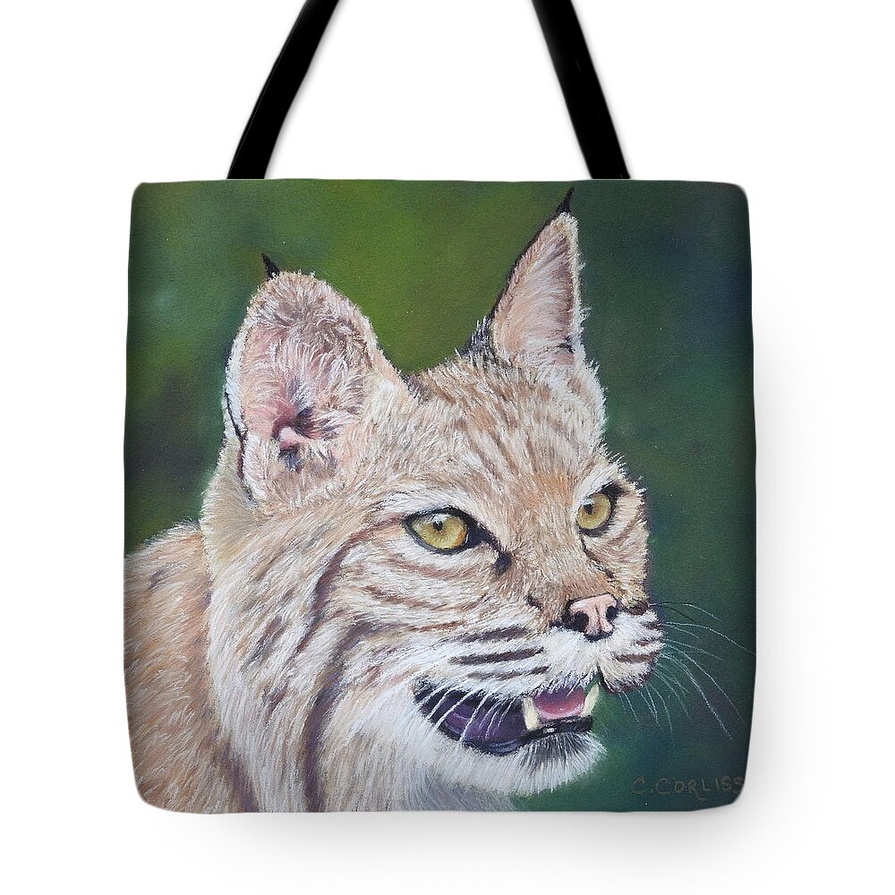 Bobcat Tote Bag featuring the pastel The Cheshire Bobcat by Carol Corliss