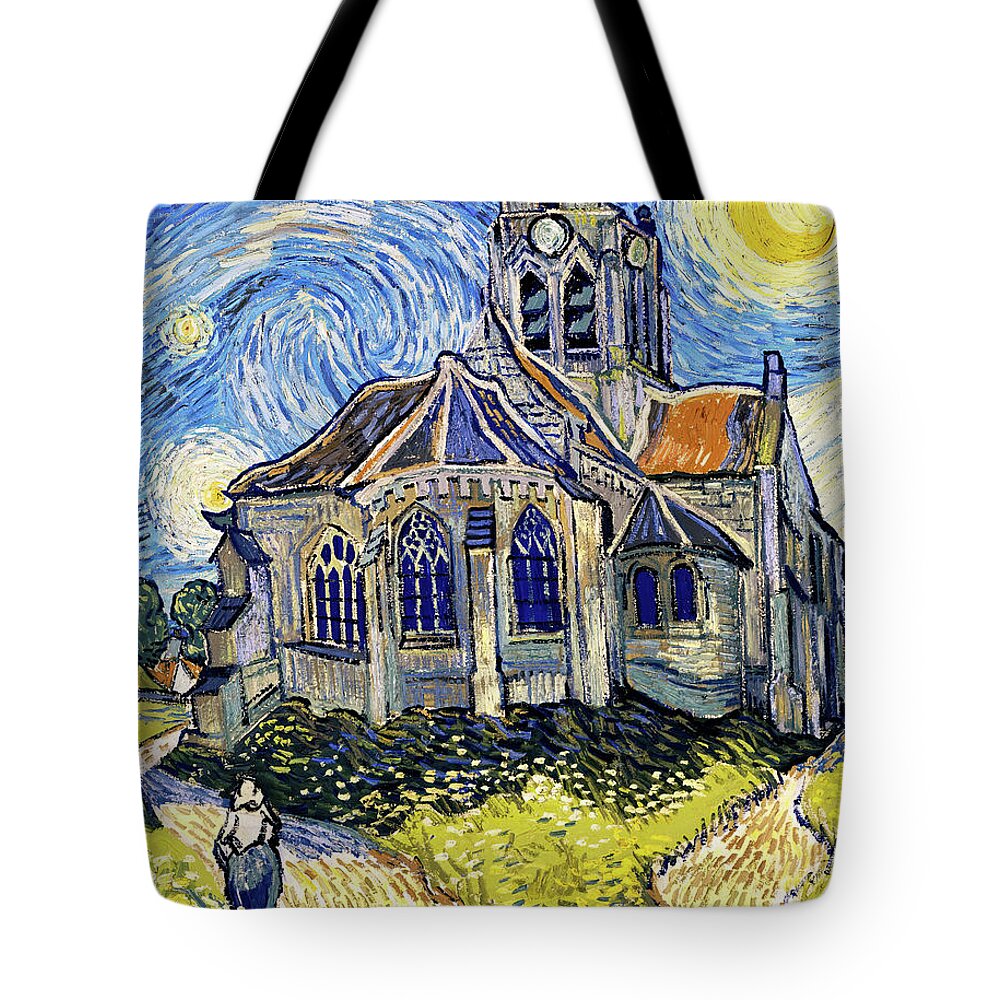 Van Gogh Tote Bag featuring the digital art The Church at Auvers on a Starry Night - digital recreation by Nicko Prints