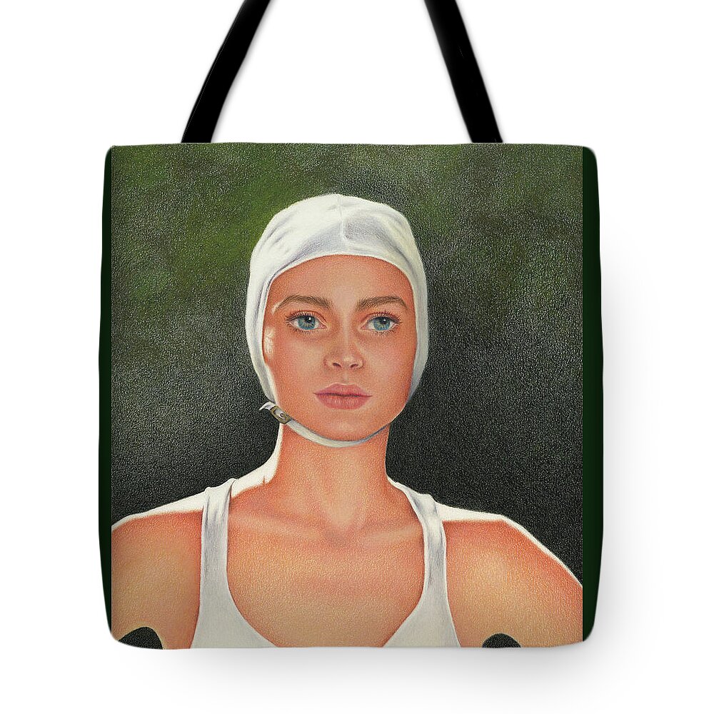 Swimming; Competition; Diving; Vintage Swimwear; Bathing Beauties; White Bathing Cap; White Swimsuit; Blue Eyes Tote Bag featuring the painting The Competition by Valerie Evans