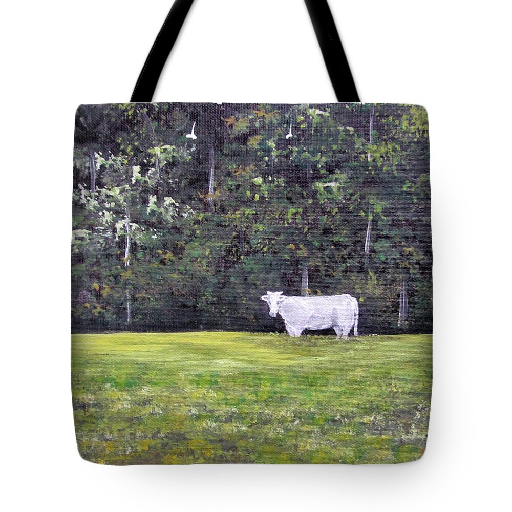 Cow Tote Bag featuring the painting The Cow by Gloria E Barreto-Rodriguez