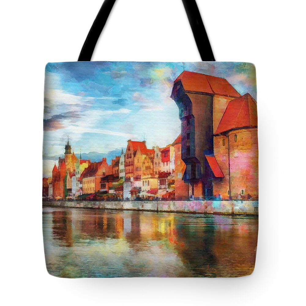 The Crane Tote Bag featuring the digital art The Crane, Gdansk, Poland by Jerzy Czyz