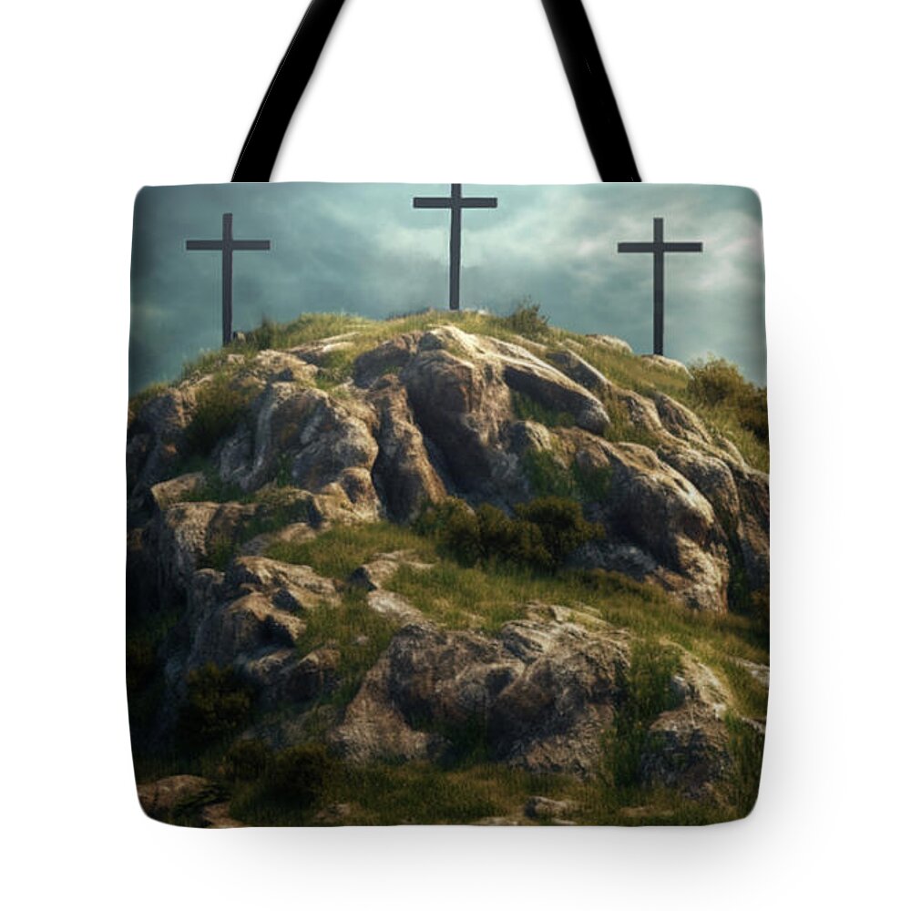 Calvary Tote Bag featuring the digital art The Cross by Michael Rucker