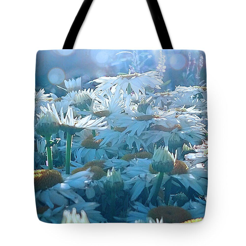 Cyan Bokeh Tote Bag featuring the digital art The Daisy Sea by Artography Pamela Smale Williams