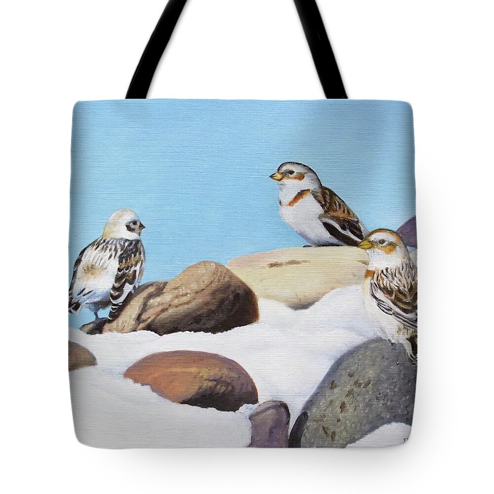Snow Buntings Tote Bag featuring the painting The Debate by Tammy Taylor