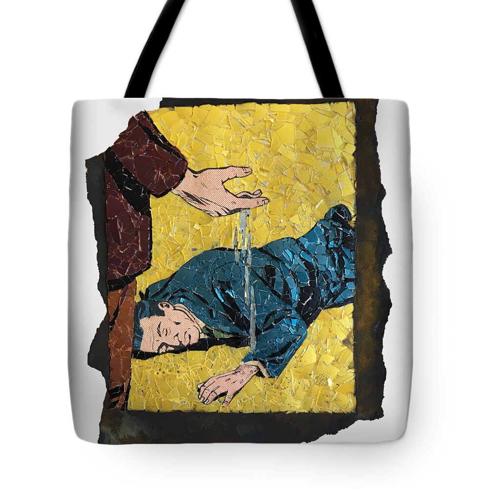 Glass Tote Bag featuring the mixed media The Disk Melts in His Hand by Matthew Lazure