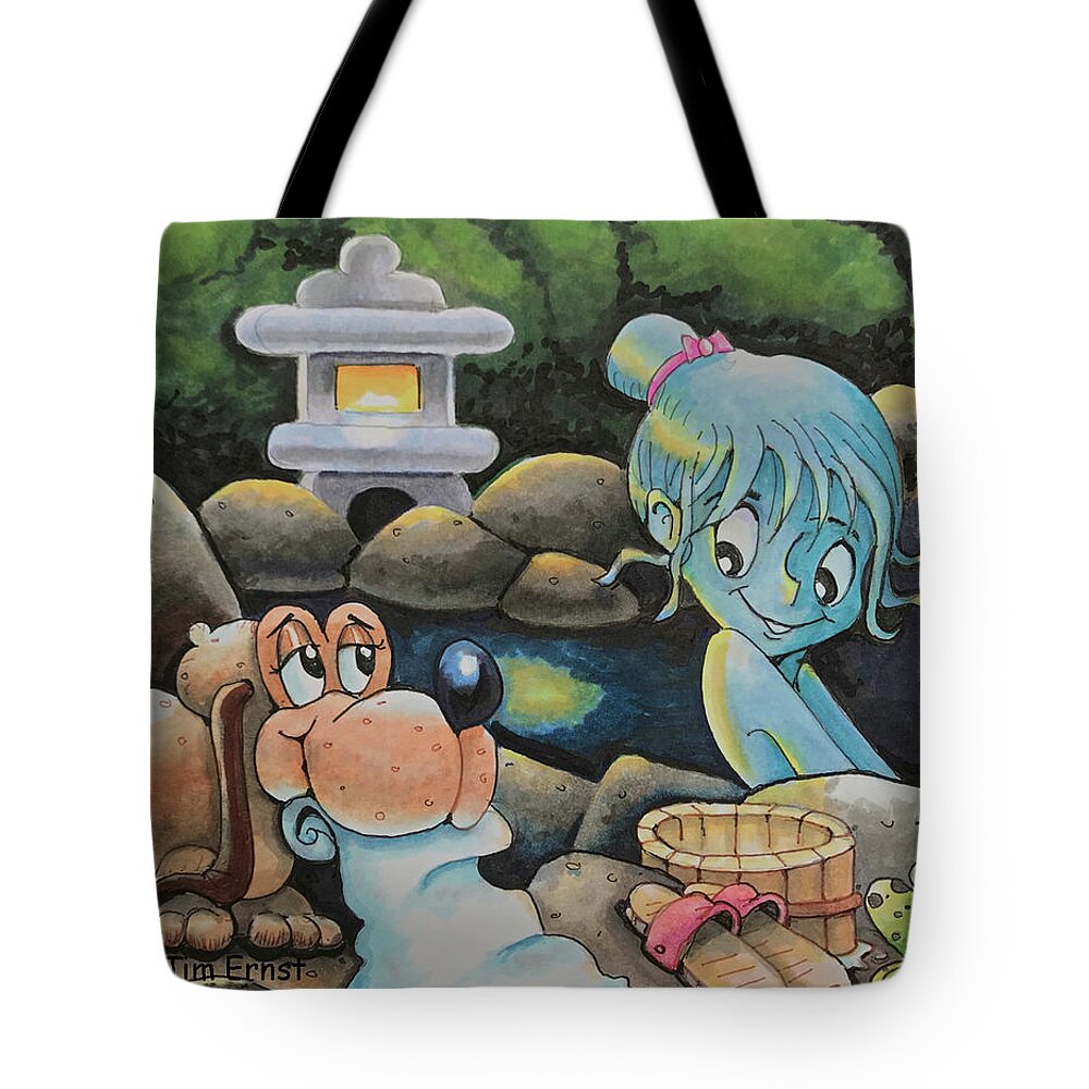 Onsen Tote Bag featuring the drawing The doggie and the bather by Tim Ernst