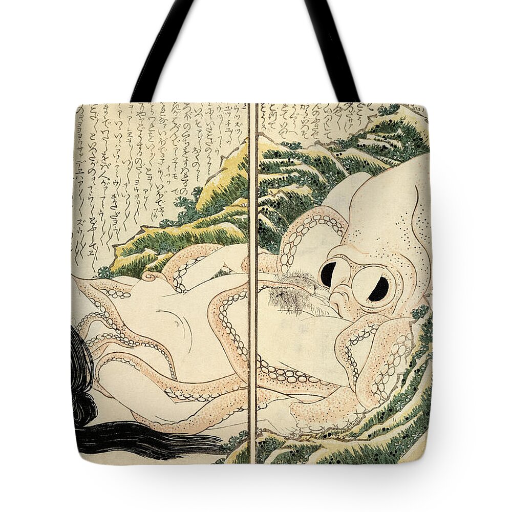 Katsushika Hokusai Tote Bag featuring the painting The Dream of the Fisherman's Wife, 1814 by Katsushika Hokusai