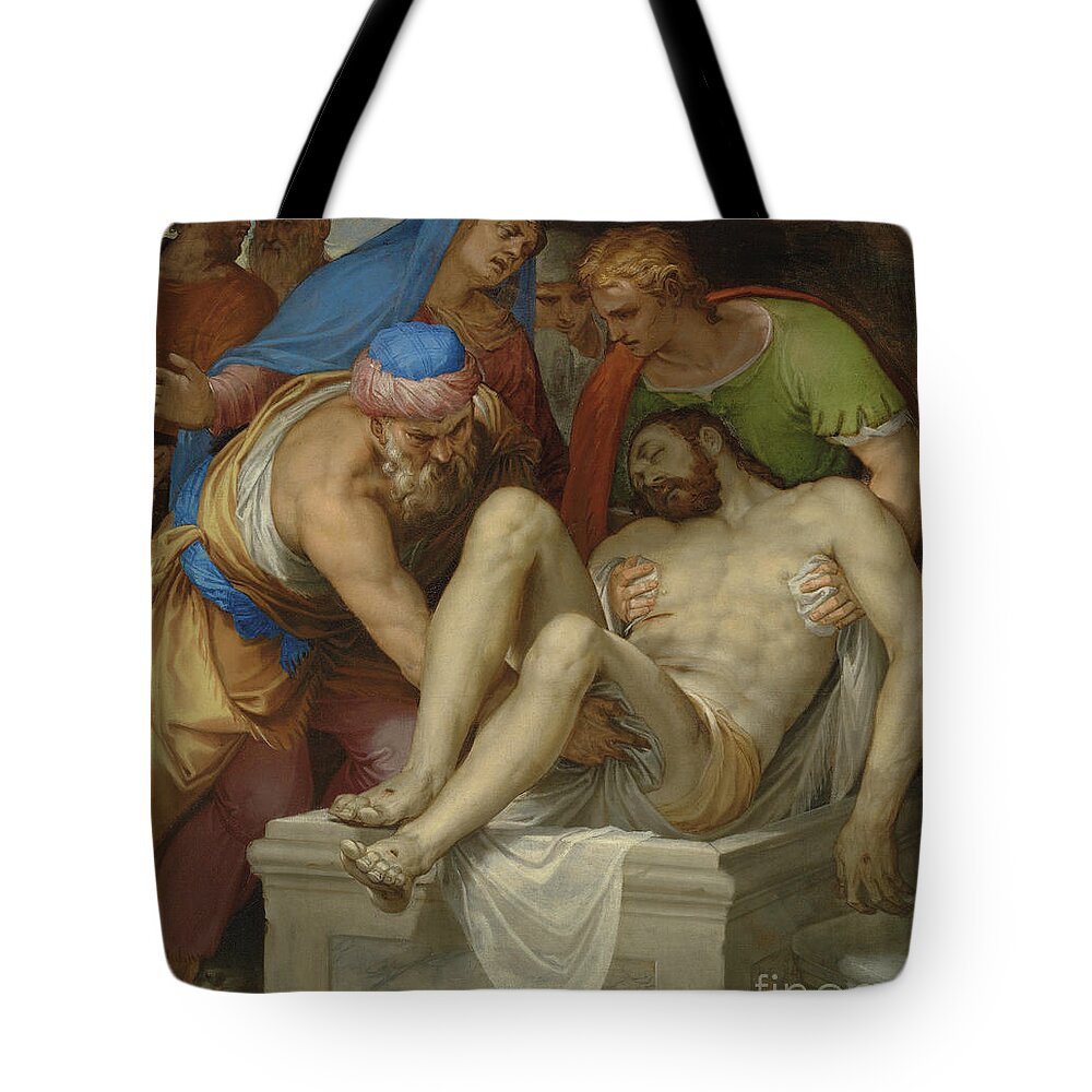 Entombed Tote Bag featuring the painting The Entombment by Farinati by Giambattista Farinati