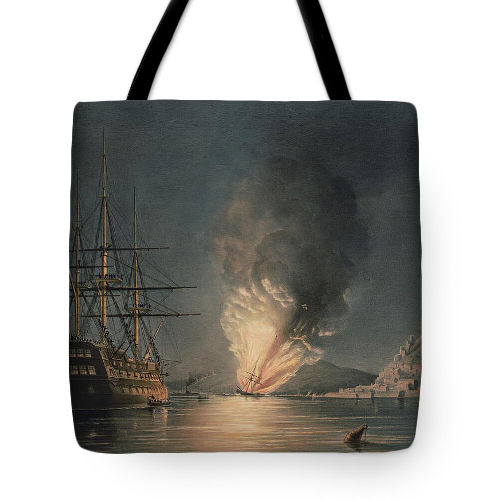 Edward Duncan Tote Bag featuring the painting The Explosion of the United States Steam Frigate Missouri by Edward Duncan by Mango Art