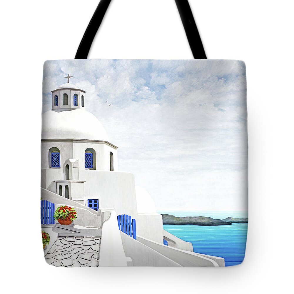 Santorini Tote Bag featuring the painting The Face of Santorini-Print of painting-wider view by Mary Grden