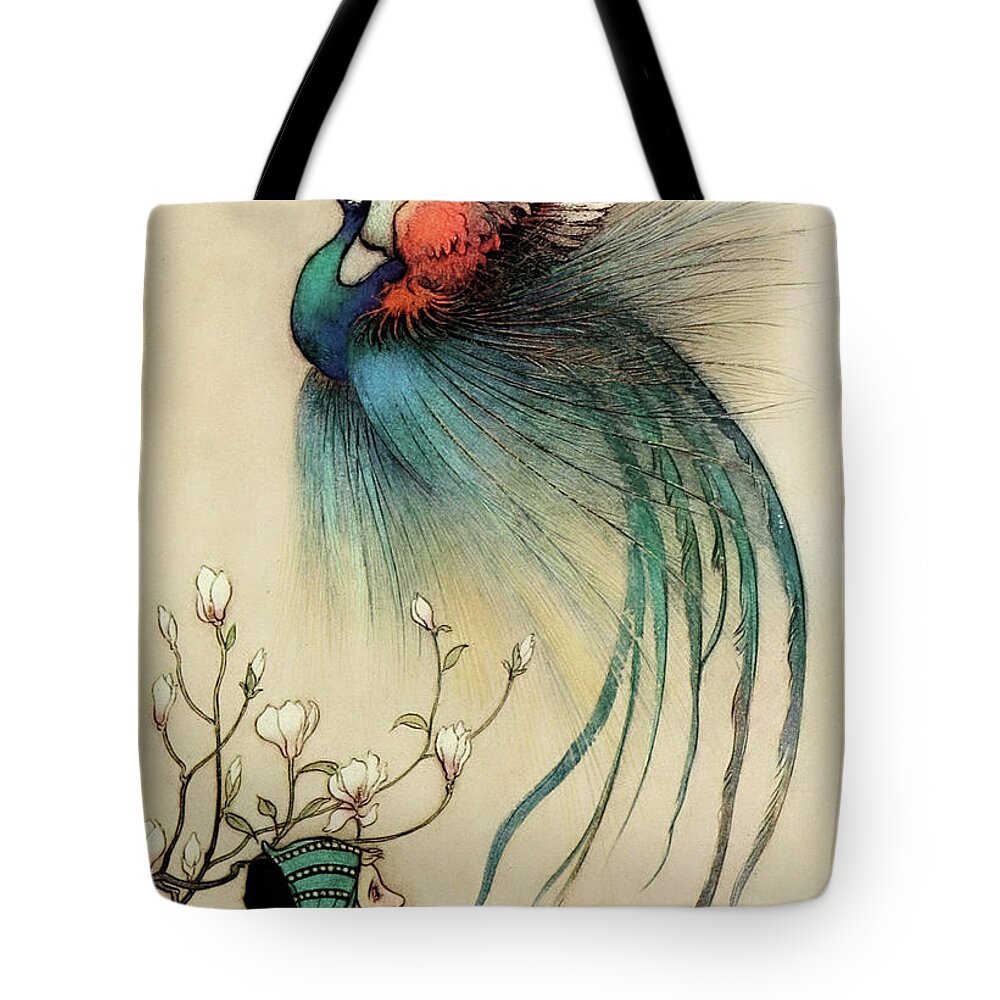 Warwick Goble Tote Bag featuring the drawing The Fairy Book 1913 - Out of the fire flew a beautiful bird by Warwick Goble