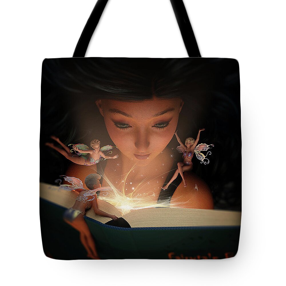 Fairy Fairies Reading Magic Fairytale Book Read Wings Light Tote Bag featuring the digital art The Fairy Book by Alisa Williams