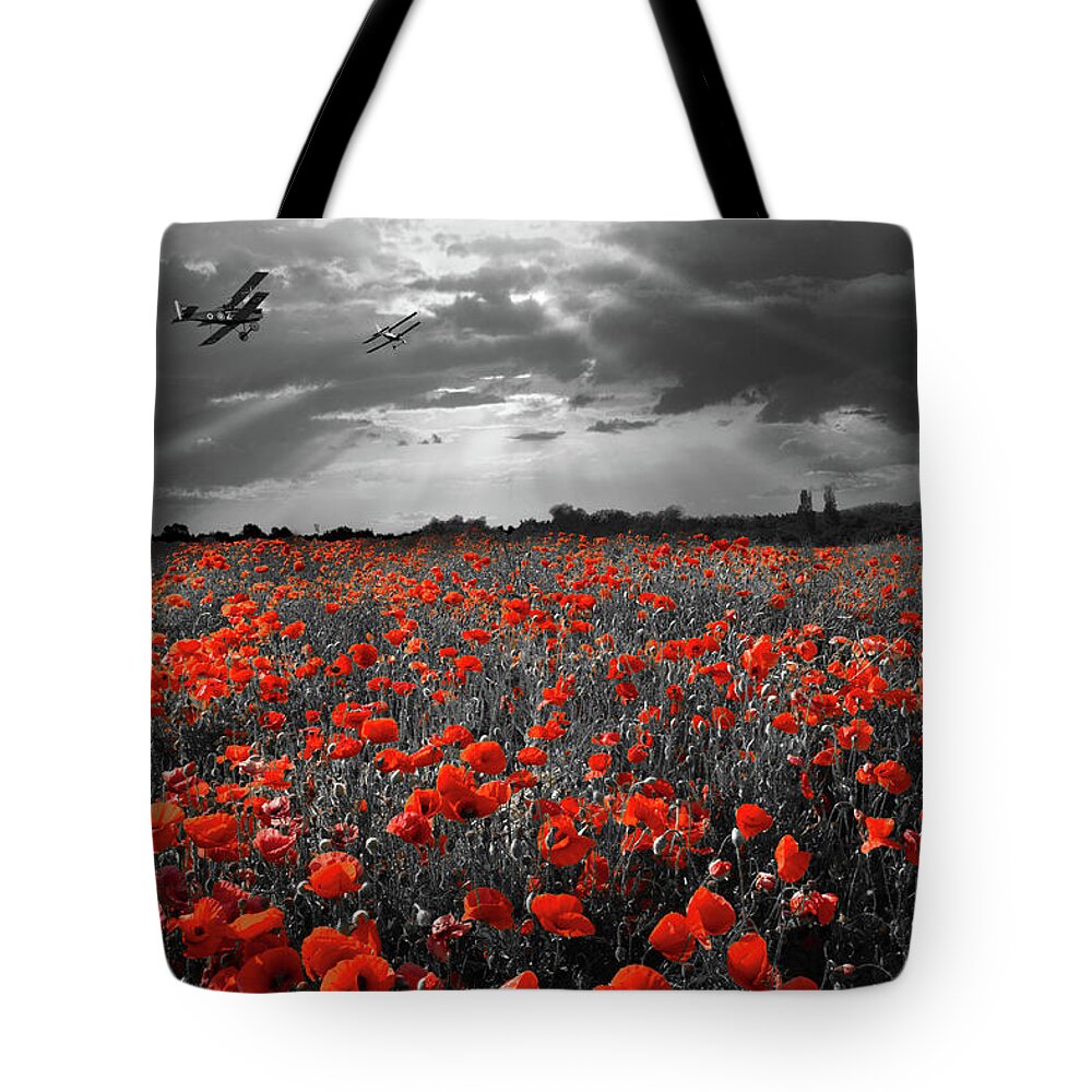 Sunset Poppy Flypast Tote Bag featuring the photograph The final sortie aircraft over field of poppies WWI version by Gary Eason