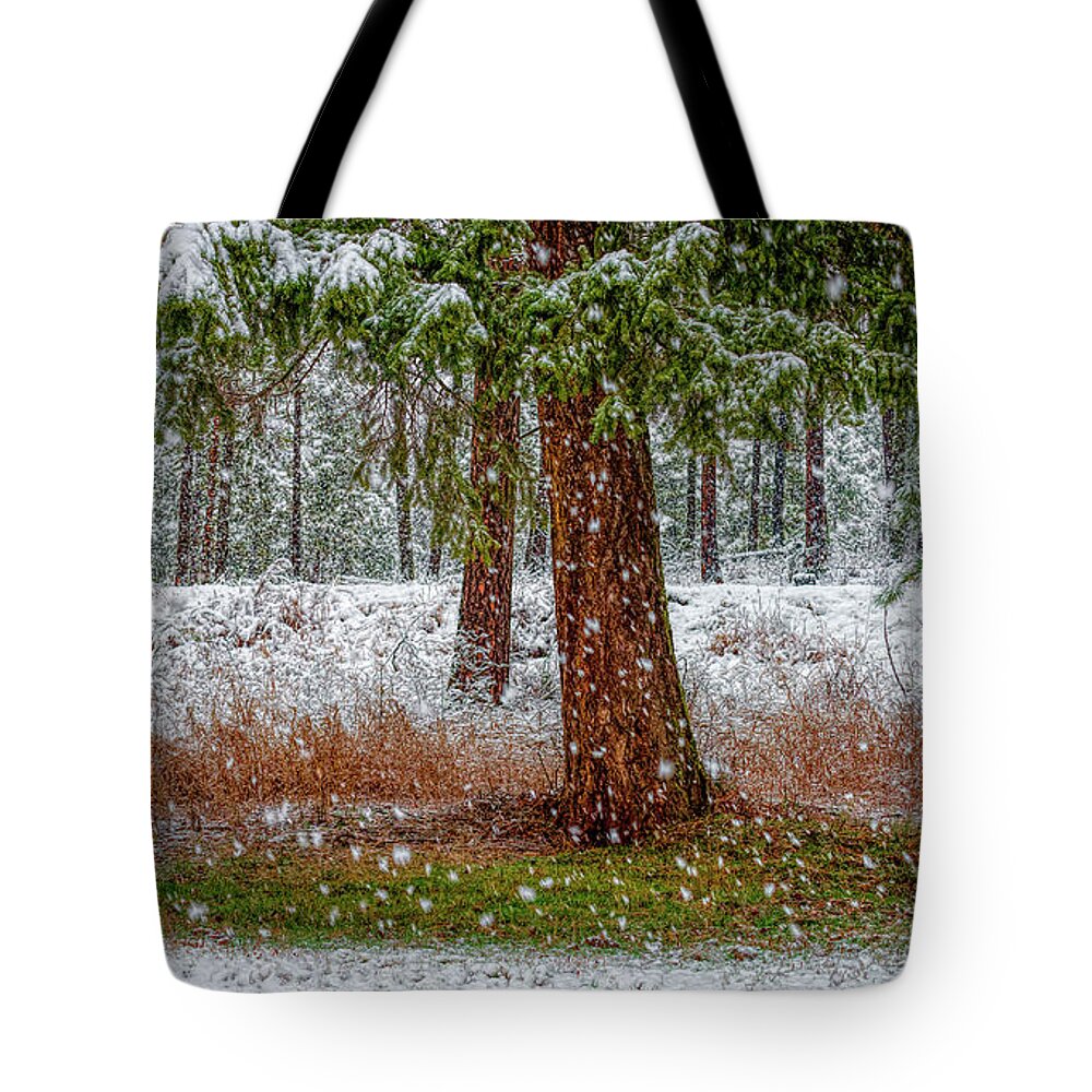 Landscape Tote Bag featuring the photograph The First Snow by Pamela Dunn-Parrish