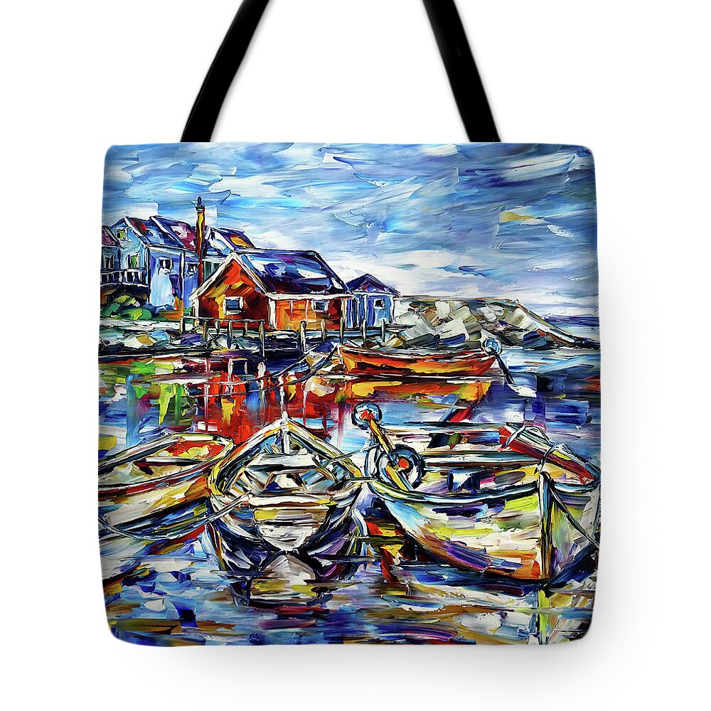 Nova Scotia Tote Bag featuring the painting The Fishing Boats Of Peggy's Cove by Mirek Kuzniar